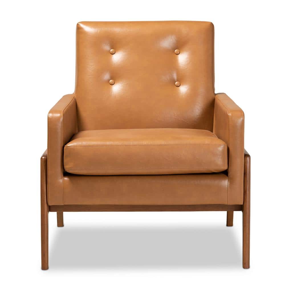 Tan Faux Leather and Walnut Brown Wood Mid-Century Lounge Chair
