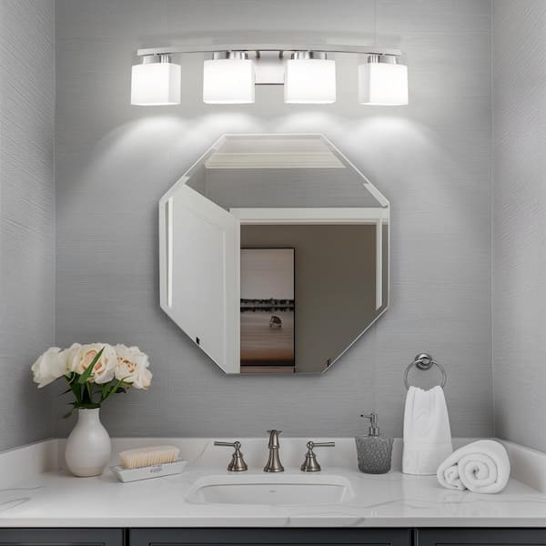 33.5 in. 4-Light Nickel Modern Square Vanity Light for Bathroom, Bedroom with Curved Arms and Milk White Glass Shades