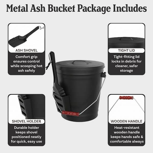 HOME-COMPLETE 4.75 Gal. Ash Bucket with Lid and Shovel for
