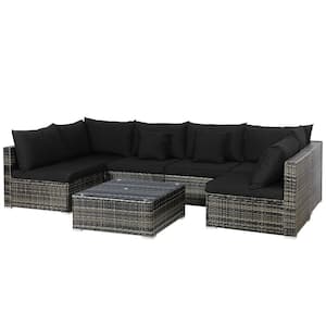 7-Piece Wicker Patio Conversation Set with Black Cushions