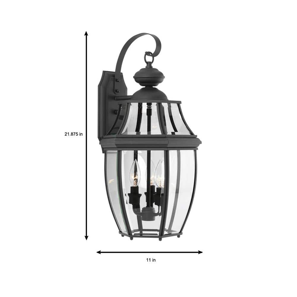 New Haven Black 3-Light Outdoor Wall Lantern with Clear Beveled Glass