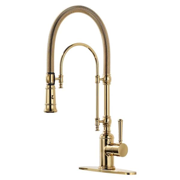 2-Functions Single Handle Gooseneck Pull Down Sprayer Kitchen Faucet with Spring Tube in Solid Brass Brushed Gold