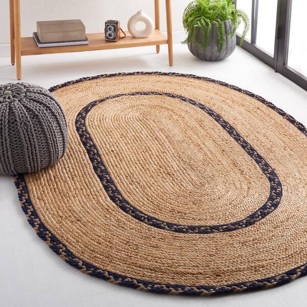 Natural Fiber Beige/Navy 5 ft. x 8 ft. Border Woven Oval Area Rug
