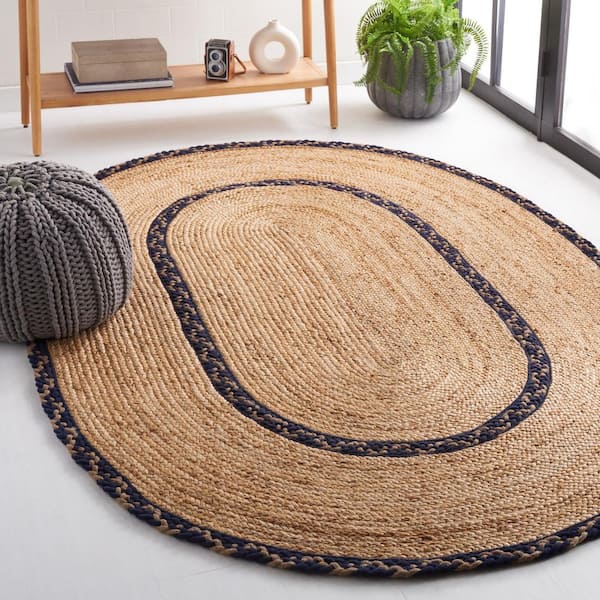 Natural Fiber Beige/Navy 6 ft. x 9 ft. Border Woven Oval Area Rug