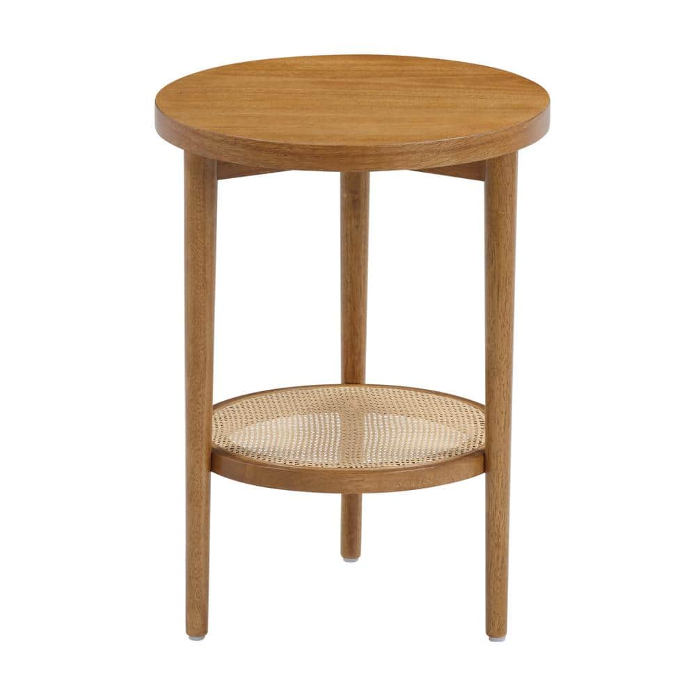 Honey Brown Round Wood Side Table with Rattan Shelf