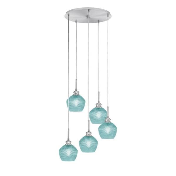 Unbranded Albany 60-Watt 17.75 in. 5-Light Brushed Nickel Cord Pendant Light Turquoise Textured Glass Shade