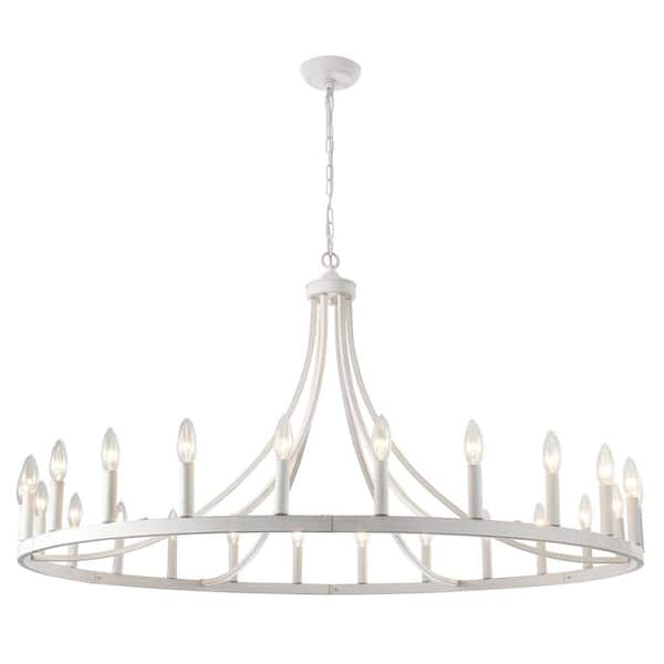 24-Light Farmhouse White Candlestick Circle Wagon Wheel Chandelier Lighting Fixture for Kitchen Island