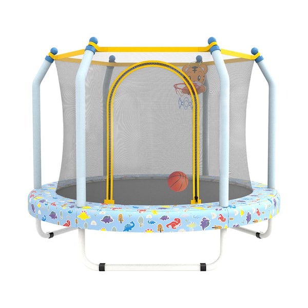 55 in. Blue Round Small Toddler Trampoline for for Kids Indoor and Outdoor with Basketball Hoop