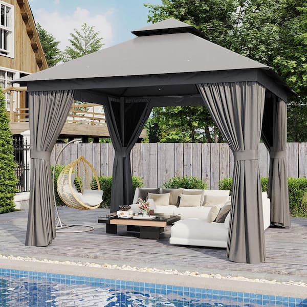 Grey Outdoor Gazebo for Patio 10 ft. x 10 ft. Metal Frame Canopy with Double Roofs, Heavy Duty Party Tent and Shelter