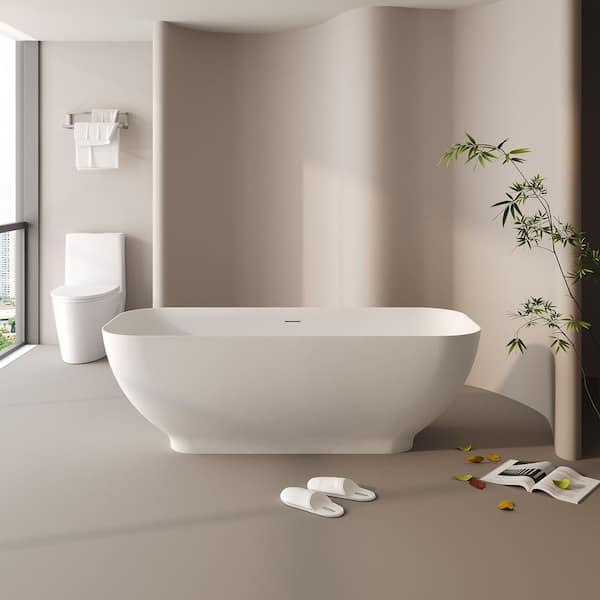 INSTER 63 in. Stone Resin Solid Surface Flatbottom Freestanding Soaking Bathtub in White for Contemporary Bathroom