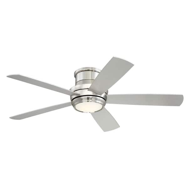 52 in. Brushed Polished Nickel Finish Brushed Nickel/Maple Blades Flush Mount Ceiling Fan Integrated LED Light & Remote
