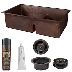 Dual-Mount Copper 33 in. 60/40 Double Bowl Short Divide Kitchen Sink and Drain in Oil Rubbed Bronze