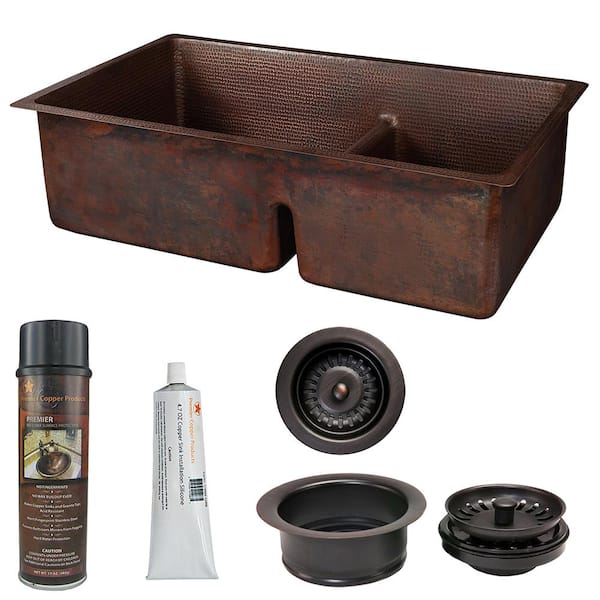 Premier Copper Products Dual-Mount Copper 33 in. 60/40 Double Bowl Short Divide Kitchen Sink and Drain in Oil Rubbed Bronze