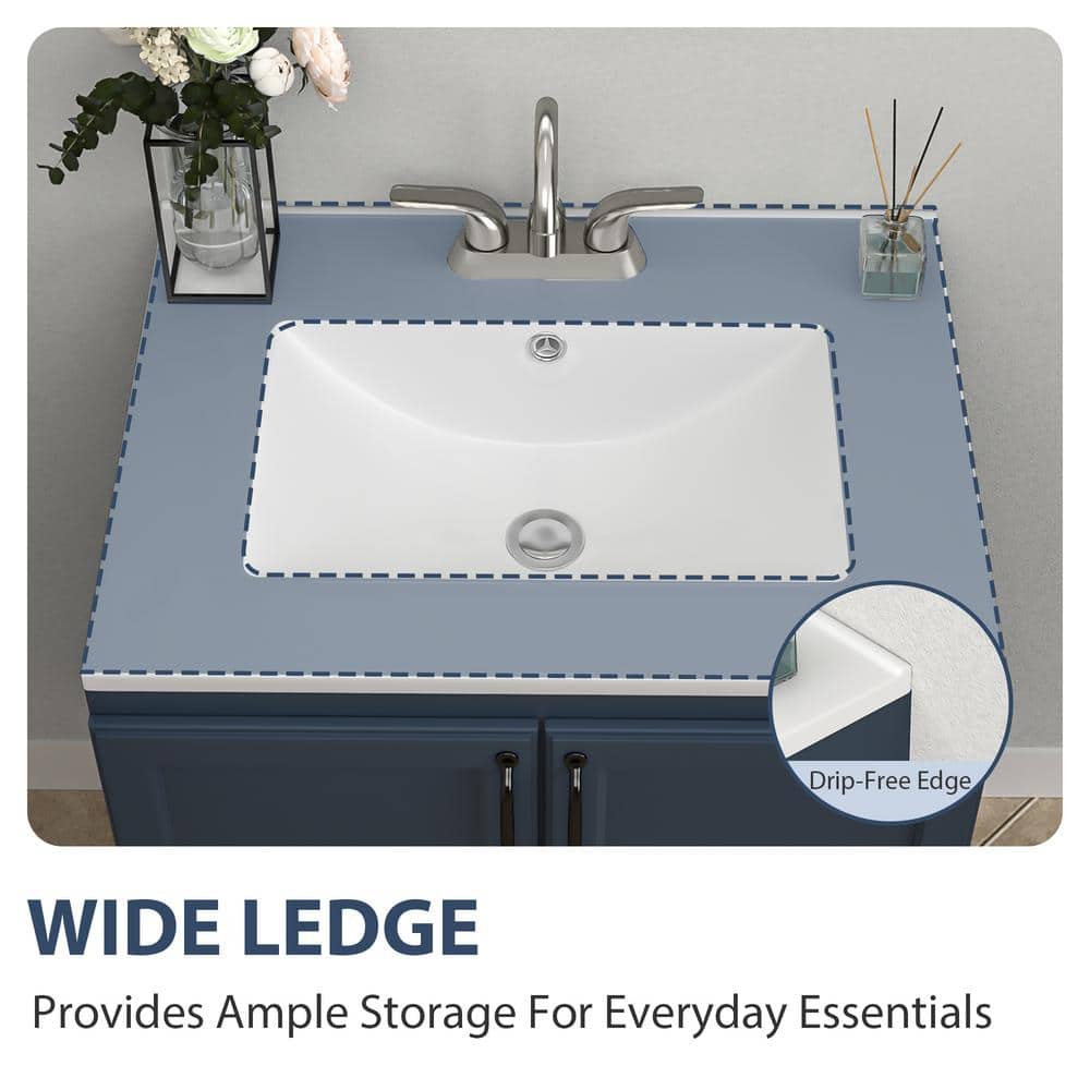 White Ceramic Rectangular Single Sink Vanity Top with 3 Faucet Holes
