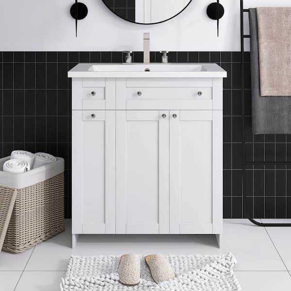 JimsMaison 30 in. W x 18 in. D x 34 in. H Freestanding Bath Vanity in White with White Ceramic Top