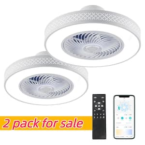 20 in. LED Indoor White Dimmable Modern Cage Bladeless Low Profile Flush Mount Ceiling Fan Light with Remote (2-Pack)