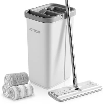 Red and White Microfiber Flat Mop and Bucket System with Broom NY562MS -  The Home Depot