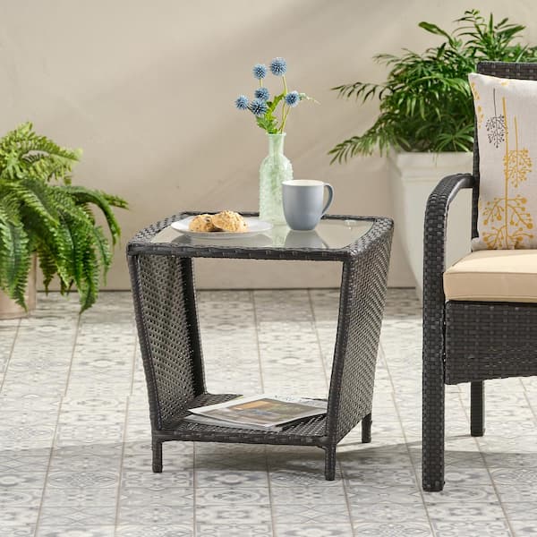 Unbranded New Simple Stylish Outdoor Wicker Side Table with Glass Top for Backyards, Gardens, Multibrown, Modern Appeal