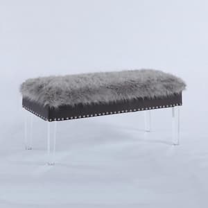 20 in. Gray Faux Fur Top Nail Head Storage Bench with Acrylic Legs