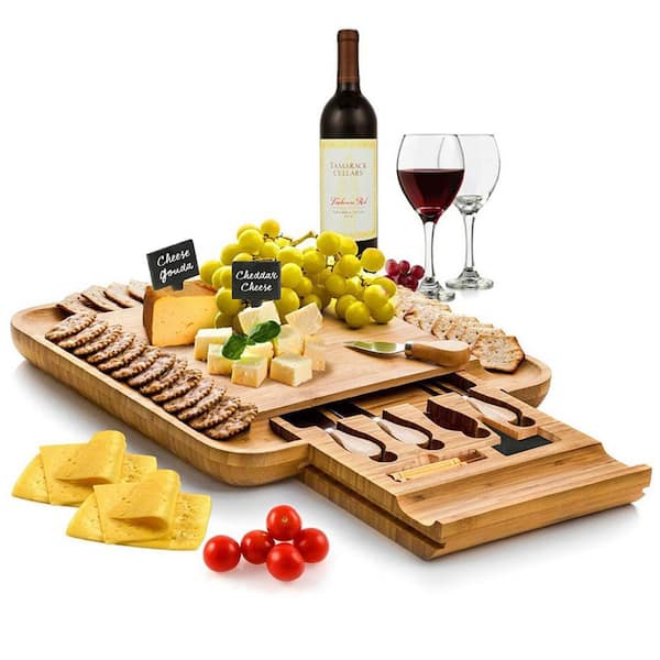 Bambusi 13.5 in. Bamboo Cheese Board and Cutlery Set with Slide Out Drawer
