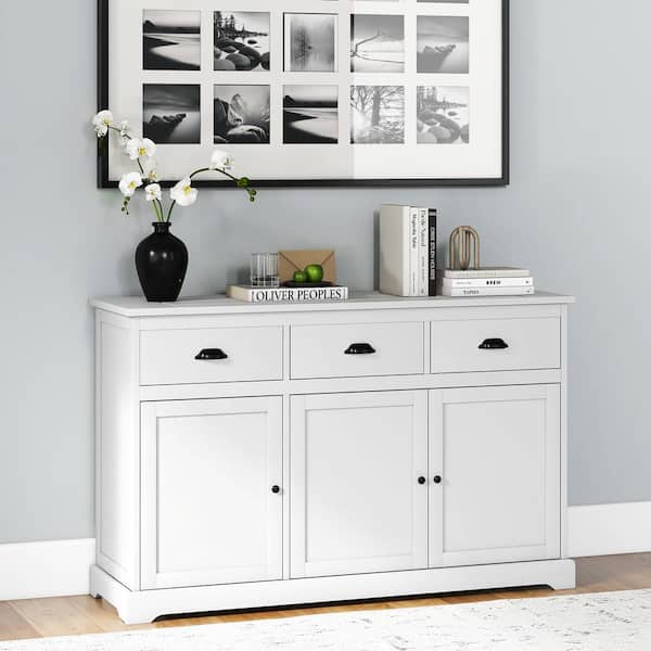 Gymax 3 Drawers Sideboard Buffet Cabinet Console Table Kitchen Storage Cupboard White