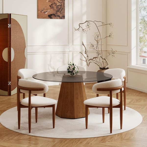 Modern 59.05 in. Black Round Tempered Glass Tabletop Dining Table with Walnut Pedestal Base (Seats 8)