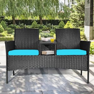 Black 1-Piece Wicker Outdoor Loveseat with Turquoise Cushions and Built-In Table