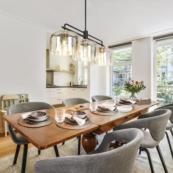 Modern Industrial 3-Light Gold Kitchen Island Hanging Lamp, 43.3 in. Linear Black Pendant Light with Dome Mercury Glass