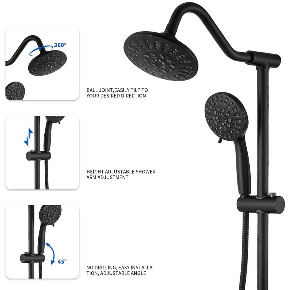 Matte Black Wall Mounted Dual Shower Head with Stainless Steel Hose