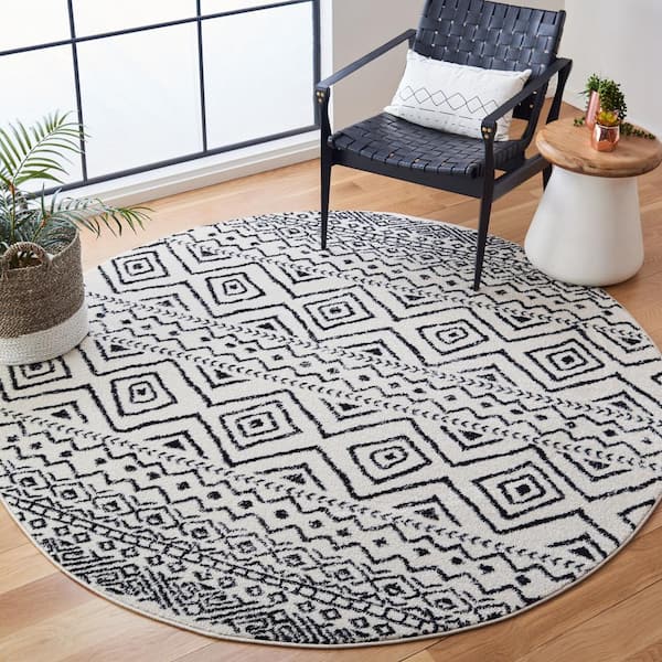 Tulum Ivory/Black Doormat 3 ft. x 3 ft. Round Geometric Diamonds Striped Area Rug