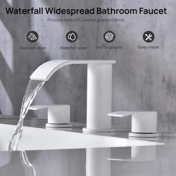 8 in. Widespread Double Handle Waterfall Spout Bathroom Vessel Sink Faucet with Pop Up Drain in White