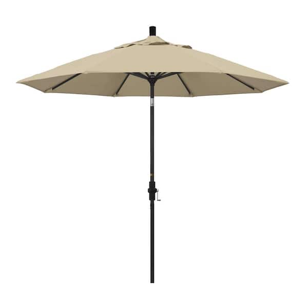 California Umbrella 9 ft. Black Aluminum Pole Market Aluminum Ribs Collar Tilt Crank Lift Patio Umbrella in Antique Beige Sunbrella