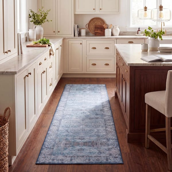 Tucson 3 ft. x 6 ft. Aqua/Pink Ornate Distressed Washable Runner Rug