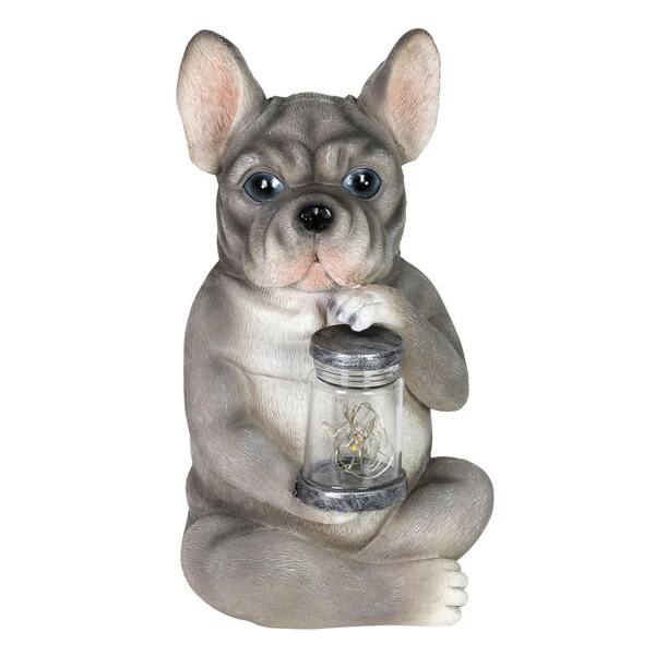 Exhart 10 in. Tall Solar French Bulldog with LED Firefly Jar Garden Statue