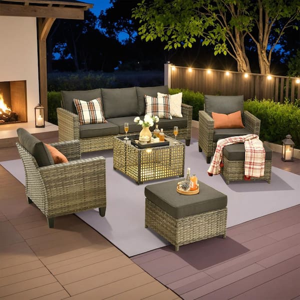 Daphne 6-Piece Modern Wicker Outdoor Patio Conversation Sofa Seating Set with Black Cushions