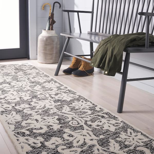 Martha Stewart 2 ft. x 9 ft. Black/Ivory Ornate Border Runner Rug