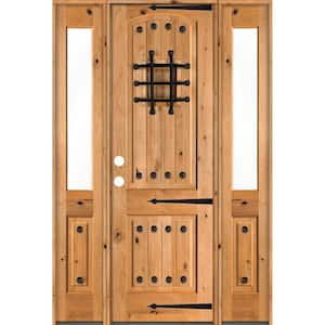 58 in. x 96 in. Mediterranean Knotty Alder Right-Hand/Inswing Clear Glass Clear Stain Wood Prehung Front Door w/DHSL