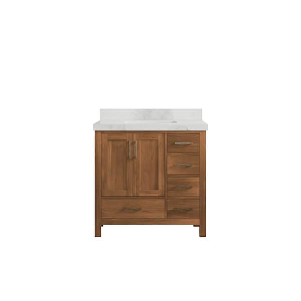 Willow Collections Malibu Teak 36 in. W x 22 in. D x 36 in. H Single Sink Bath Vanity Center in Gold Teak with 2" Calacatta Nuvo Top