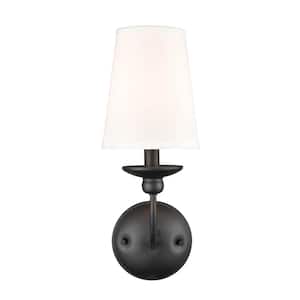 Delvona 7.375 in. 1-Light Matte Black Wall Sconce with White Cotton Shade