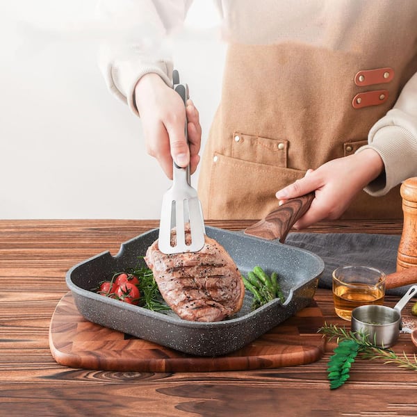 Wudkey 9.5 in. Gray Nonstick Ceramic Grill Pan, Square Grilling