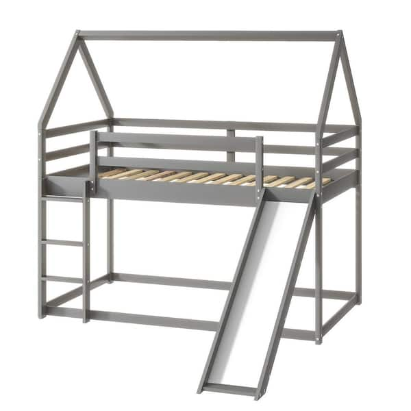 ZIRUWU Gray Twin Bunk House Bed with Convertible Slide and Ladder ZZQ ...