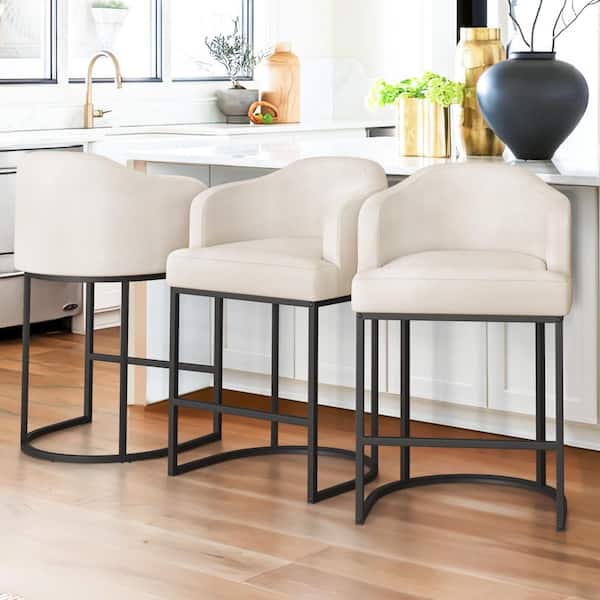 LUE BONA Crystal 26 in. Ivory Faux Leather Upholstered Counter Stool Kitchen Isl and Bar Stool with Metal Frame (Set of 3)
