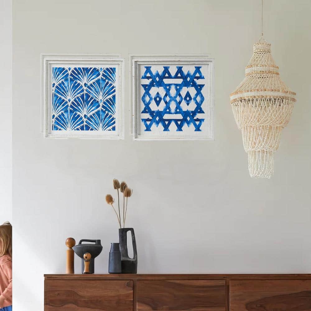 17 x 17 White and Blue Geometric Framed Wall Art Set