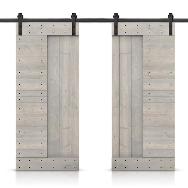 CALHOME 60 in. x 84 in. Silver Gray Stained DIY Knotty Pine Wood Interior Double Sliding Barn Door with Hardware Kit