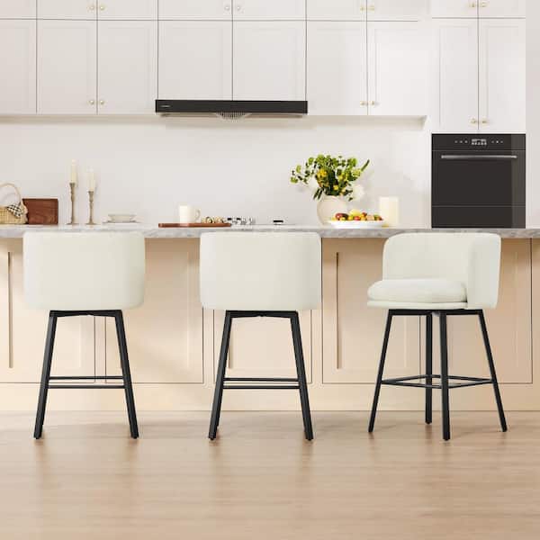 Roux 35.04 in. H Beige Fabric Metal Frame Modern Swivel Barrel Bar Stools with Footrest and Plush Cusion （Set of 4)