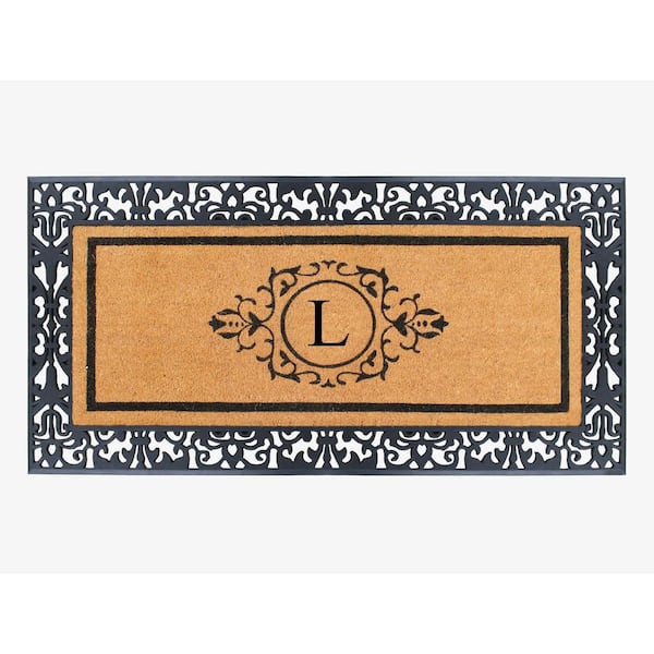 A1 Home Collections A1HC Paisley Black 30 in. x 60" Rubber and Coir Monogrammed L Durable Outdoor Entrance Door Mat