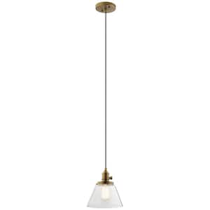 Avery 8 in. 1-Light Natural Brass Farmhouse Shaded Kitchen Cone Mini Pendant Hanging Light with Clear Seeded Glass