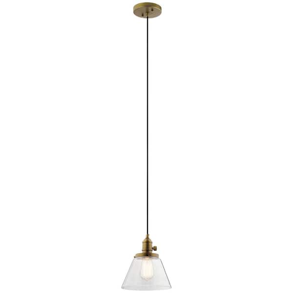 KICHLER Avery 8 in. 1-Light Natural Brass Farmhouse Shaded Kitchen Cone Mini Pendant Hanging Light with Clear Seeded Glass