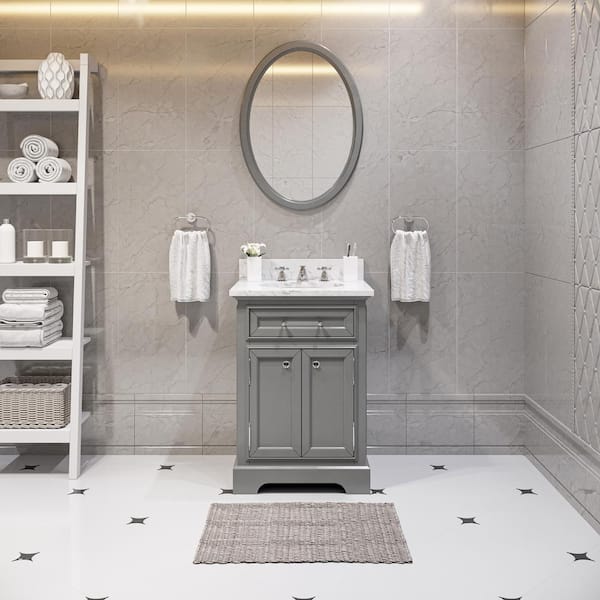 Water Creation 24 in. W x 21.5 in. D Vanity in Cashmere Grey with Marble Vanity Top in Carrara White, Mirror and Chrome Faucet