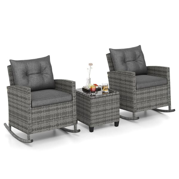 ANGELES HOME 3-Piece Wicker Patio Conversation Set with Roker Chairs, Tempered Glass Table and Gray Soft Cushions